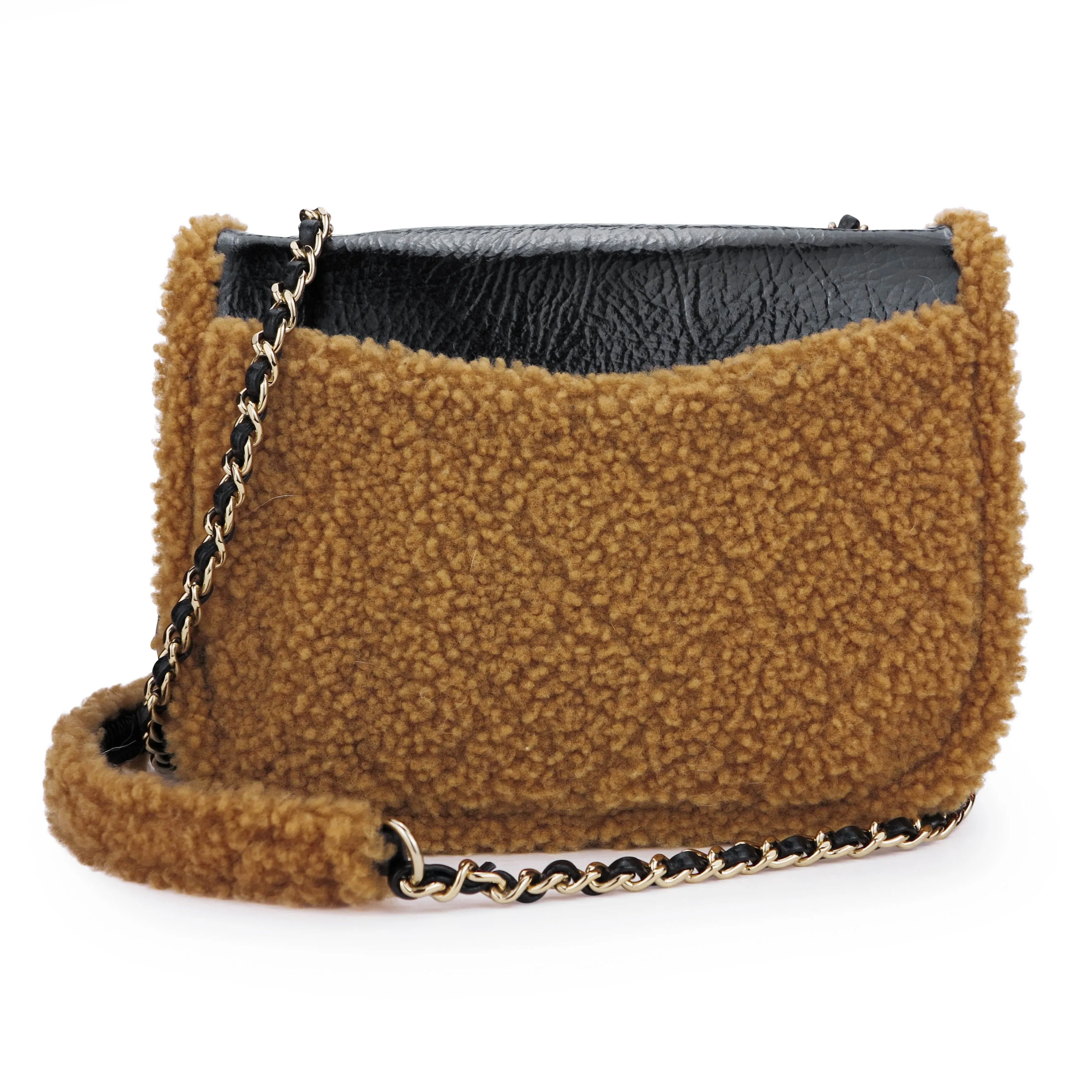 19K Brown CC Crumpled Shearling Flap Bag