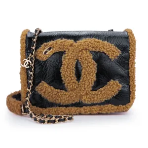 19K Brown CC Crumpled Shearling Flap Bag