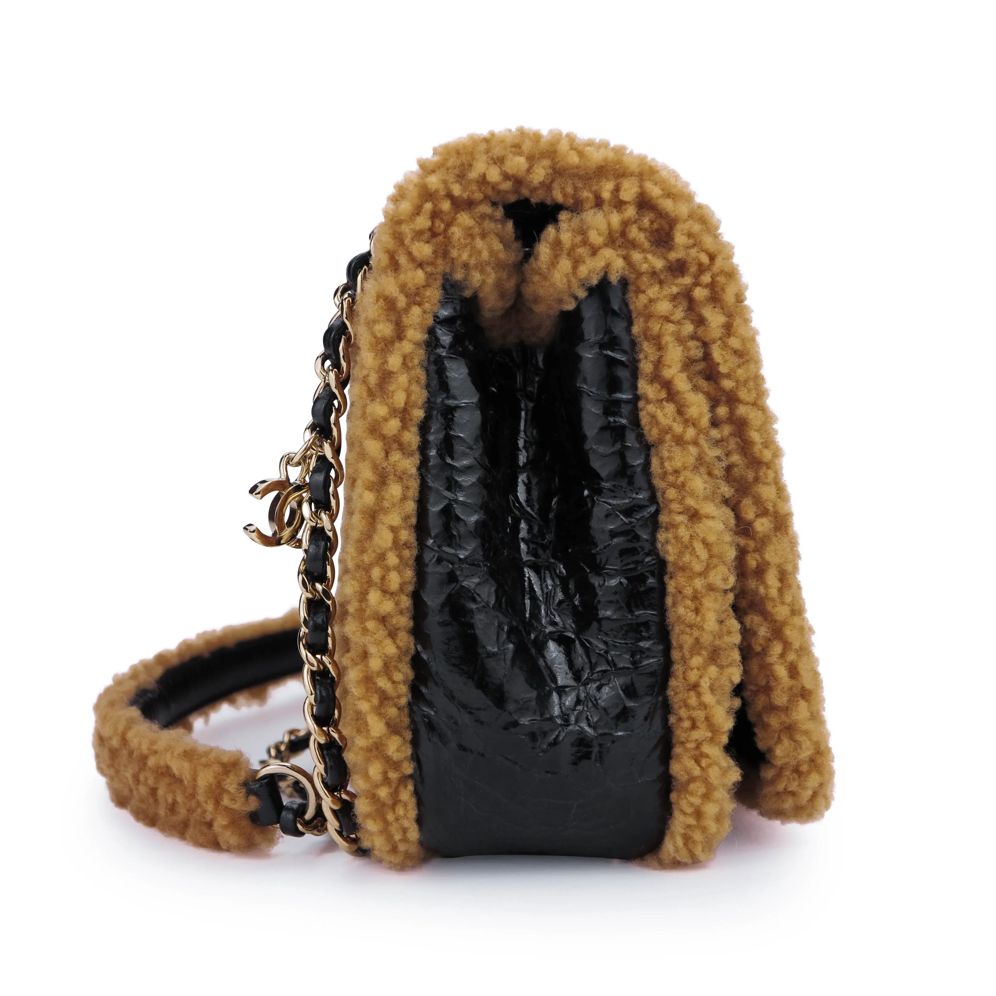 19K Brown CC Crumpled Shearling Flap Bag