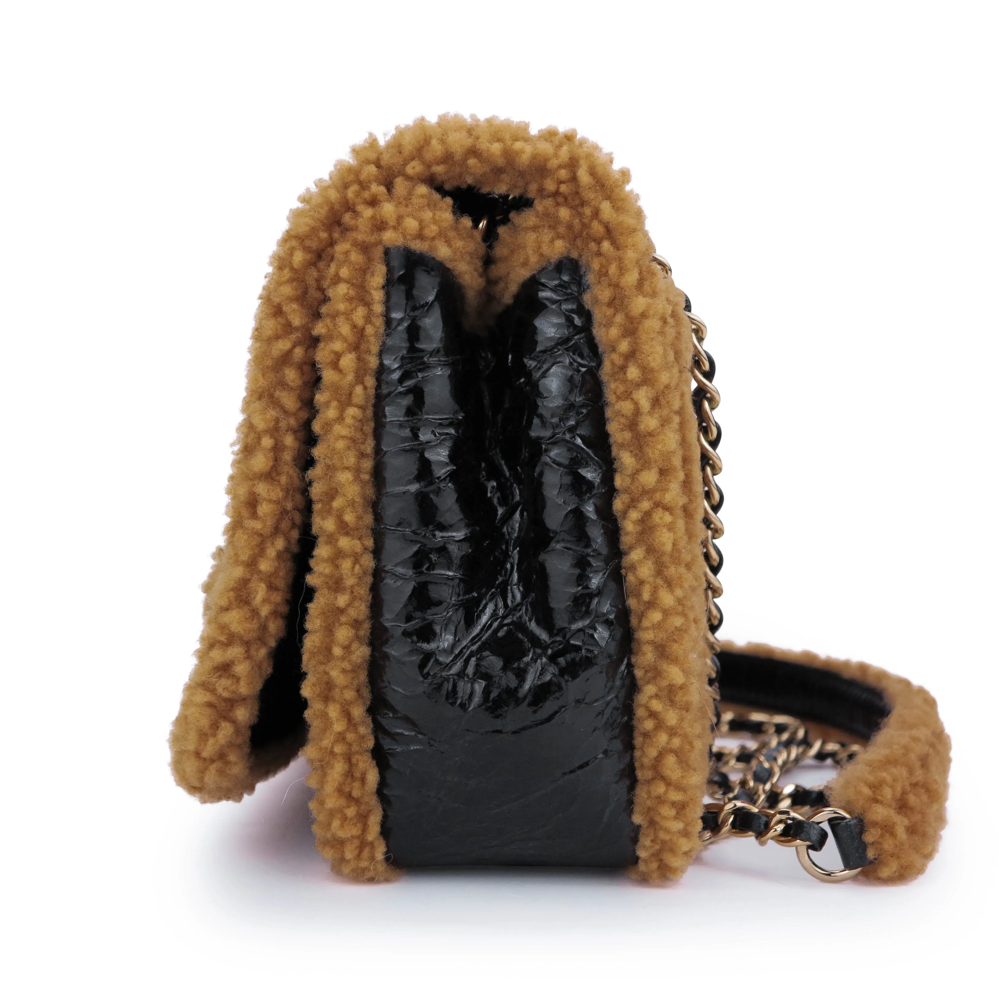 19K Brown CC Crumpled Shearling Flap Bag