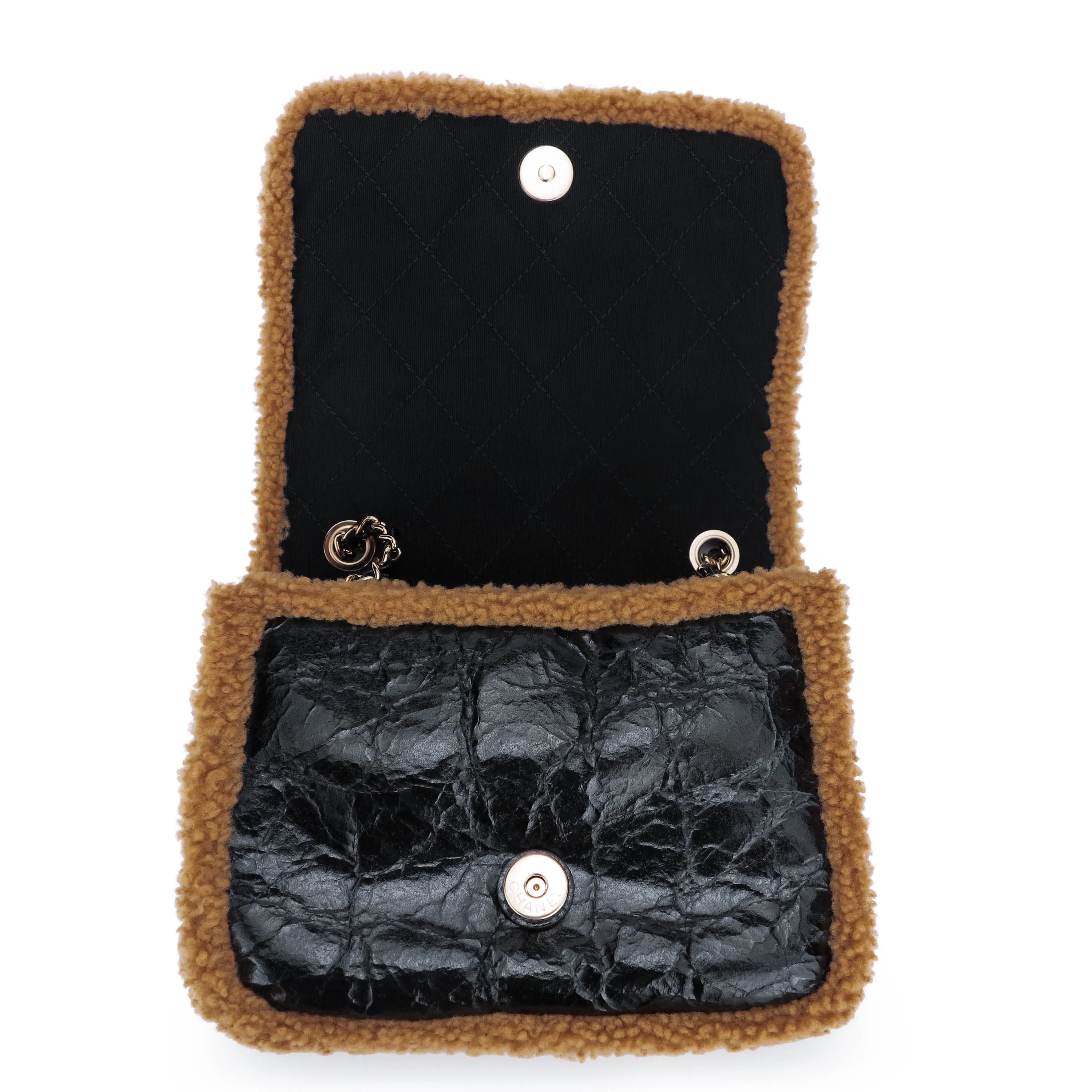 19K Brown CC Crumpled Shearling Flap Bag