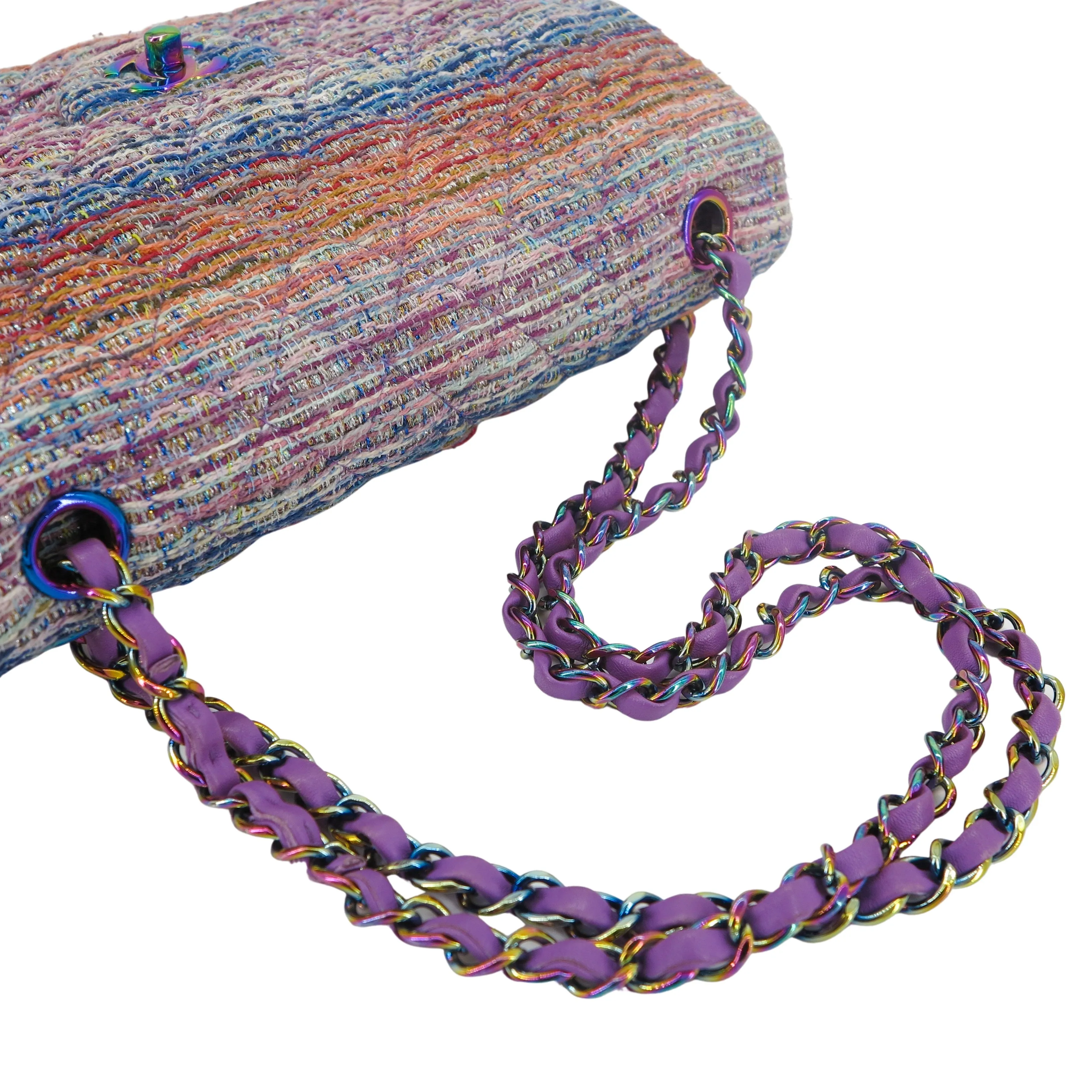 20C Purple Rainbow Tweed Medium Classic Double Flap Bag Rainbow Hardware
