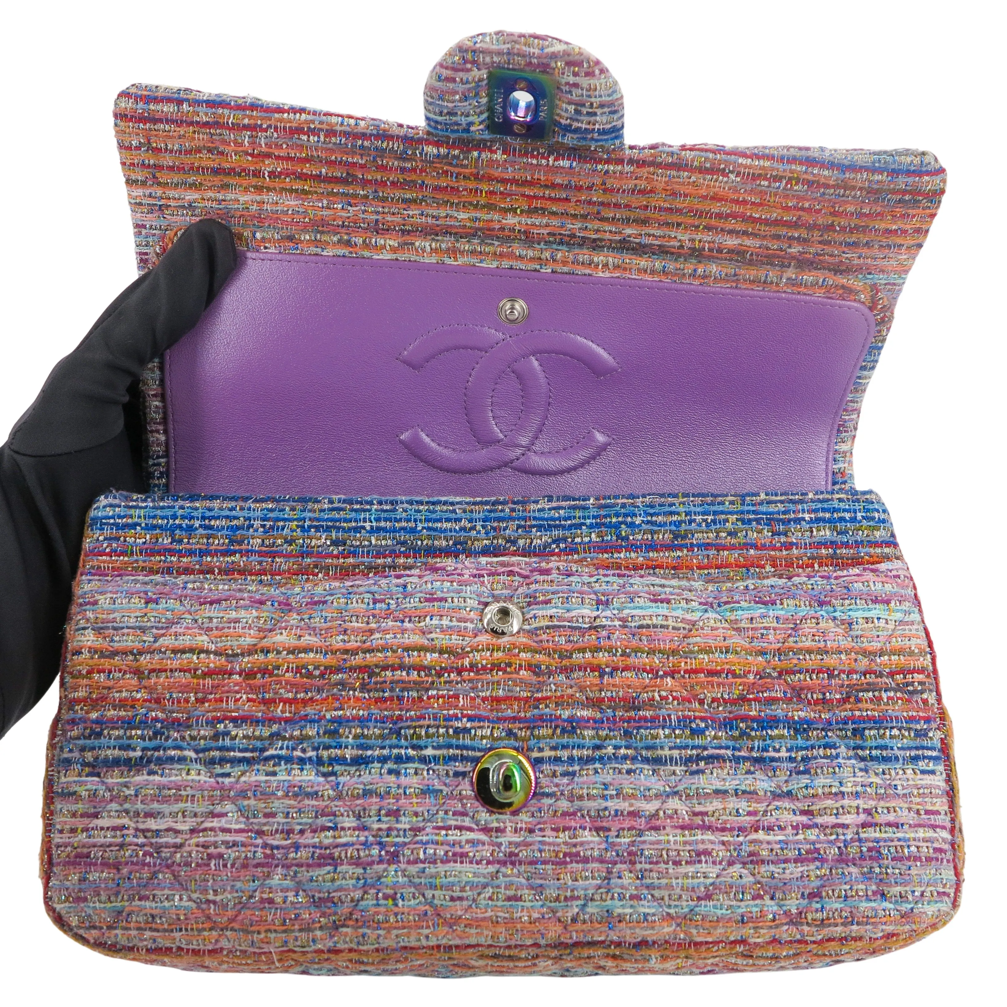 20C Purple Rainbow Tweed Medium Classic Double Flap Bag Rainbow Hardware