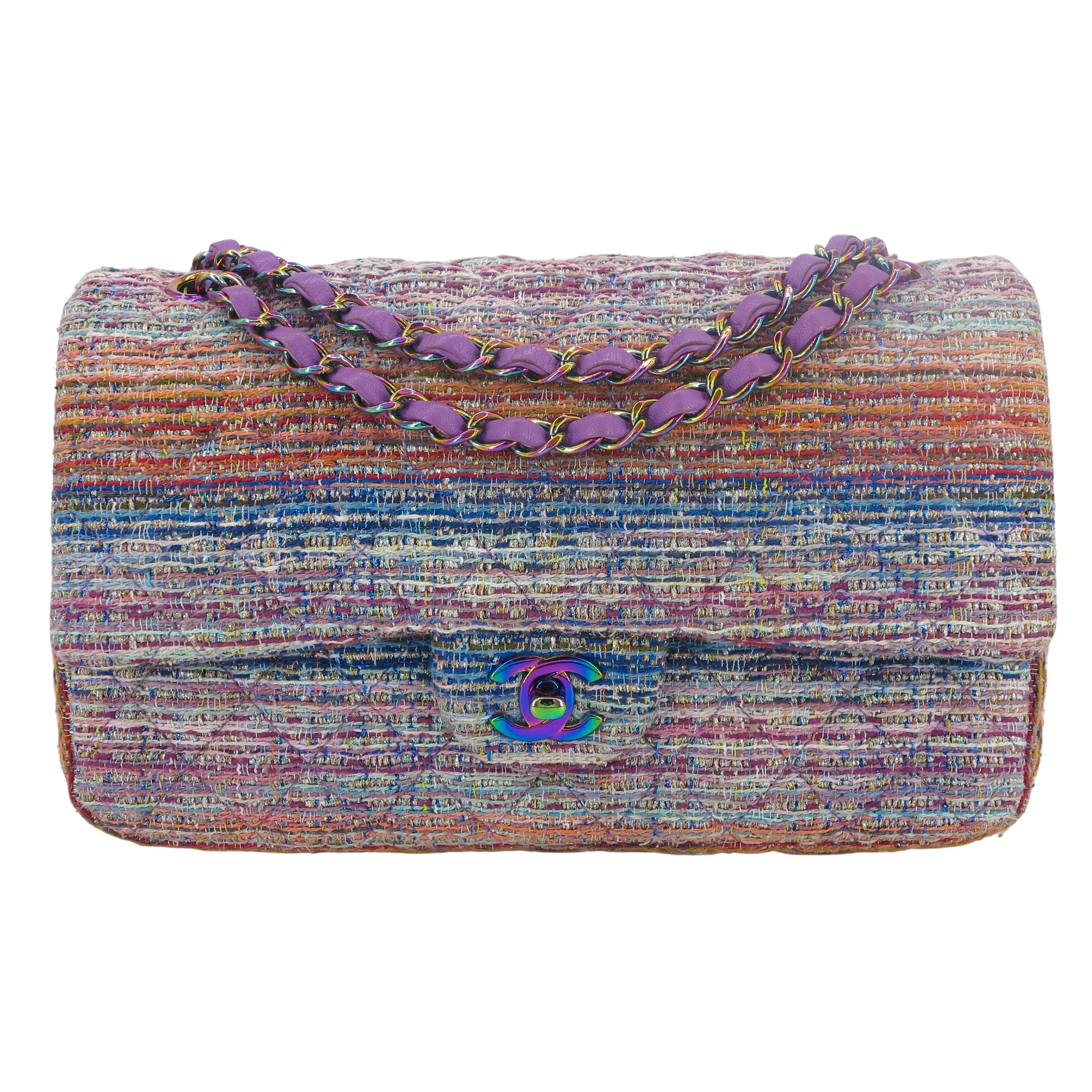 20C Purple Rainbow Tweed Medium Classic Double Flap Bag Rainbow Hardware