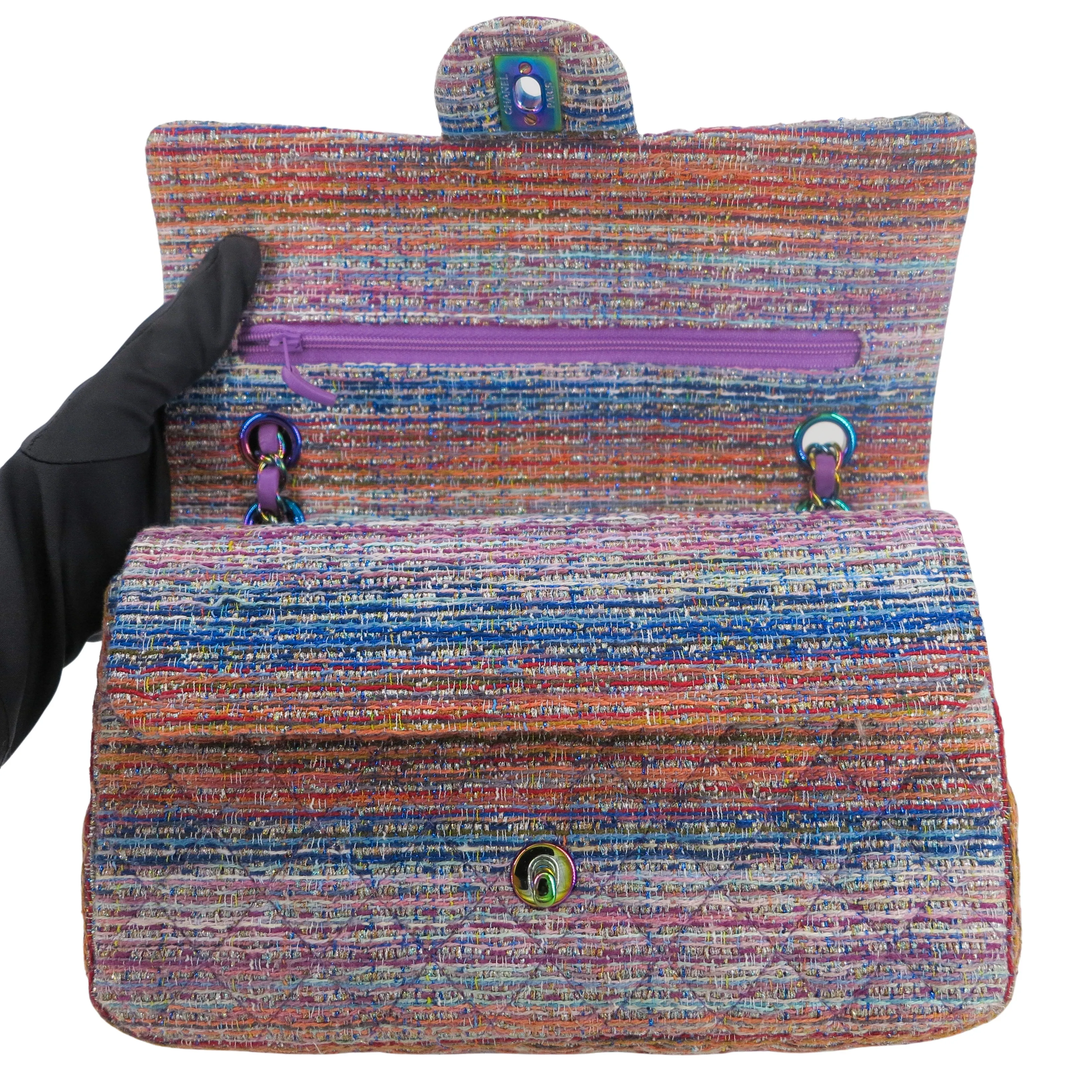 20C Purple Rainbow Tweed Medium Classic Double Flap Bag Rainbow Hardware