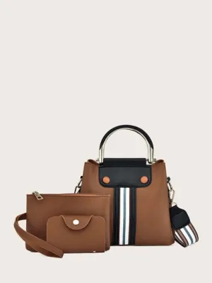 3pcs Striped Pattern Bucket Bag Set - Brown- FD ⚡