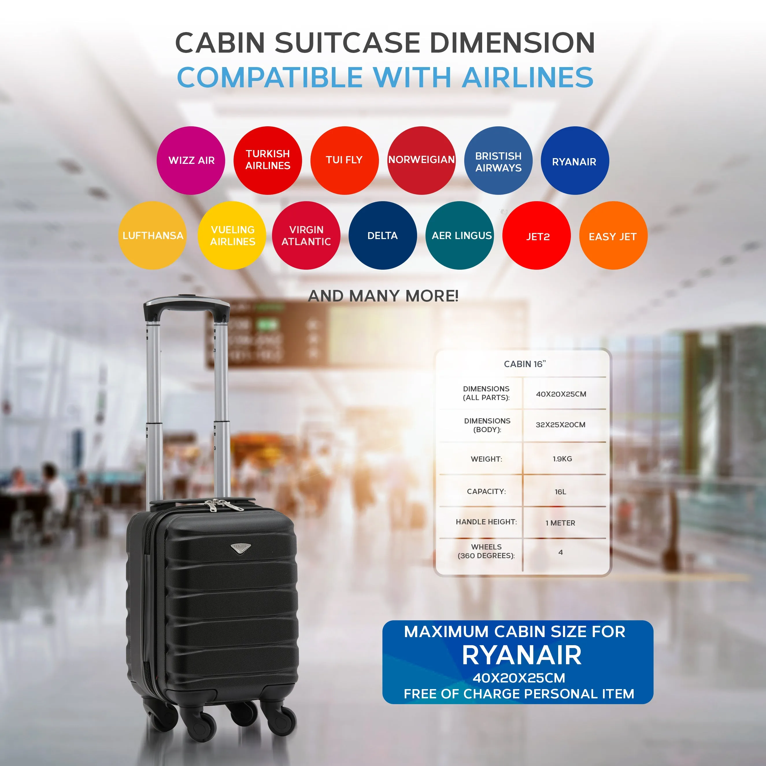 40x20x25cm Lightweight 4 Wheel ABS Hard Case Cabin Carry On Hand Luggage 100  Approved Airlines Including BA, easyJet & Maximum Size for Ryanair