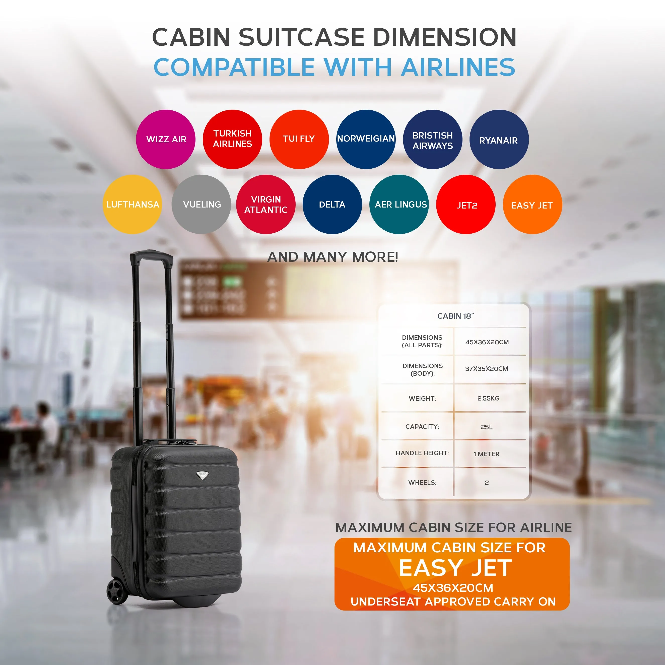 45x36x20cm Flight Knight Lightweight Cabin Hand Luggage Small Carry On Suitcase