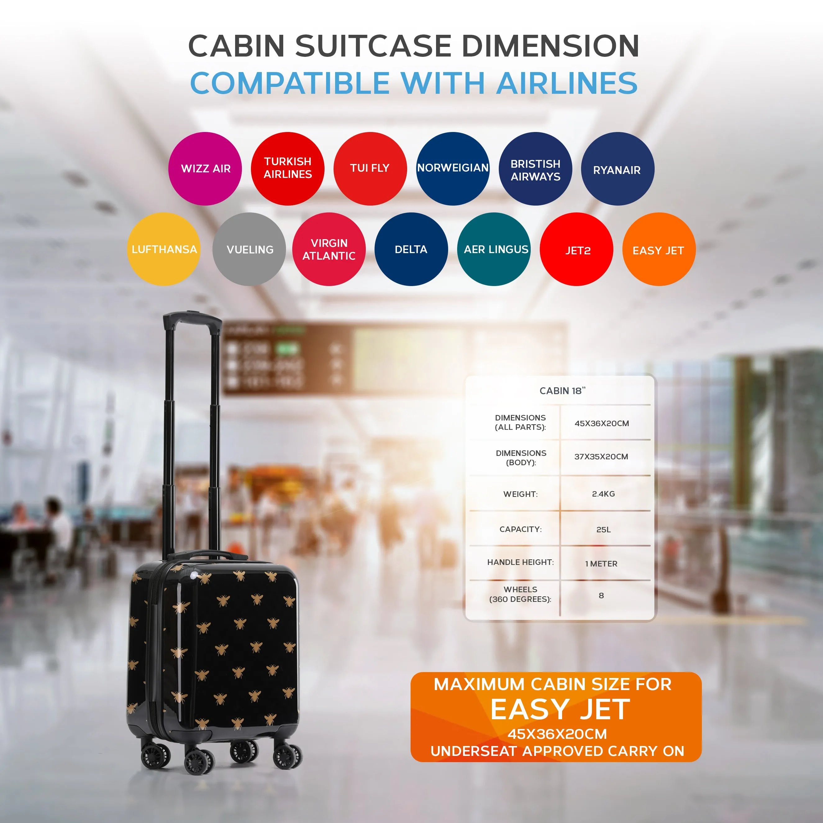 45x36x20cm Hard Case Printed Cabin Hand Luggage Travel Cabin Bag Easyjet BA TUI
