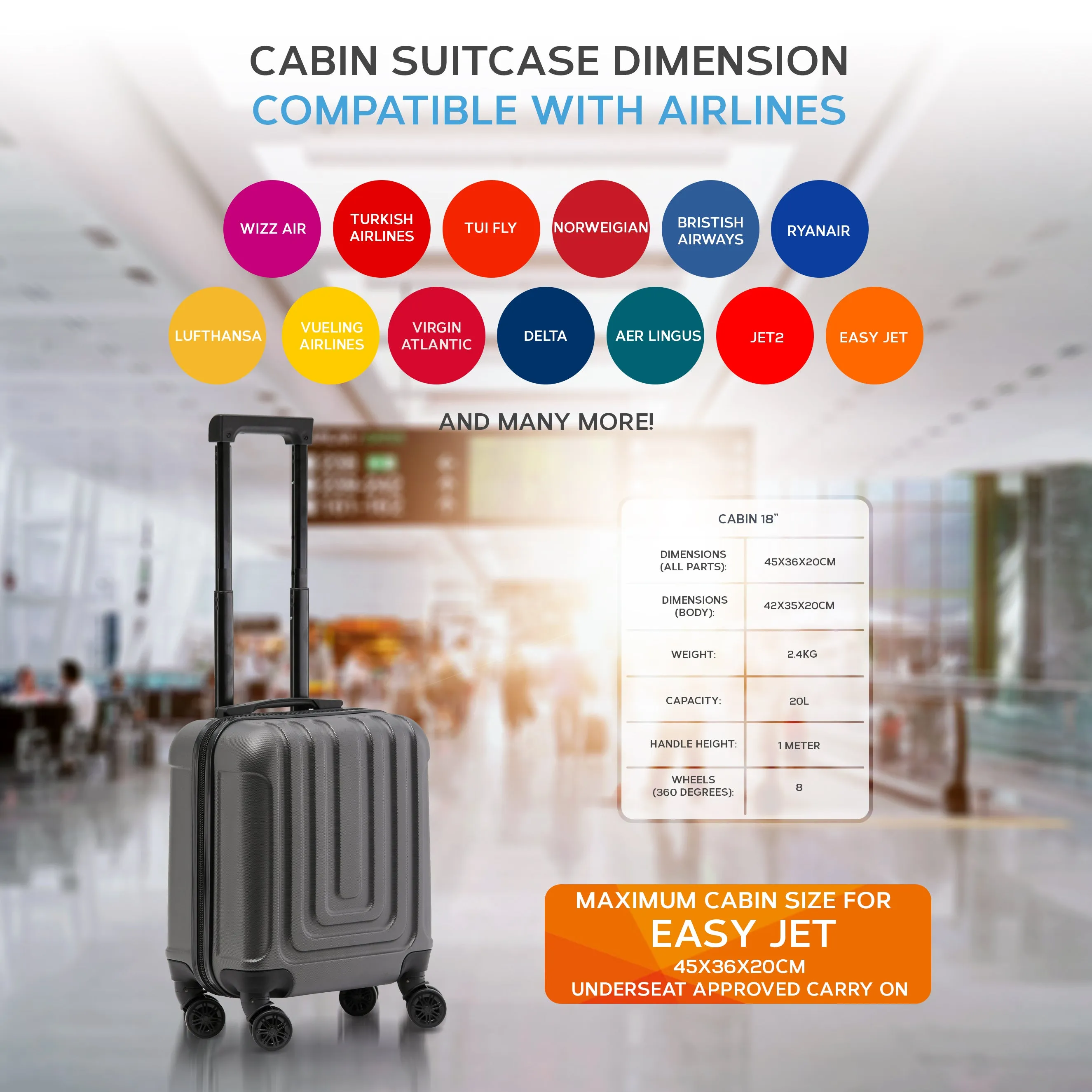 45x36x20cm Premium Hard Shell Lightweight Cabin Suitcase - 8 Spinner Wheels - Built-in TSA Lock & USB Port - Luggage Approved for Over 100 Airlines Including easyJet Underseat
