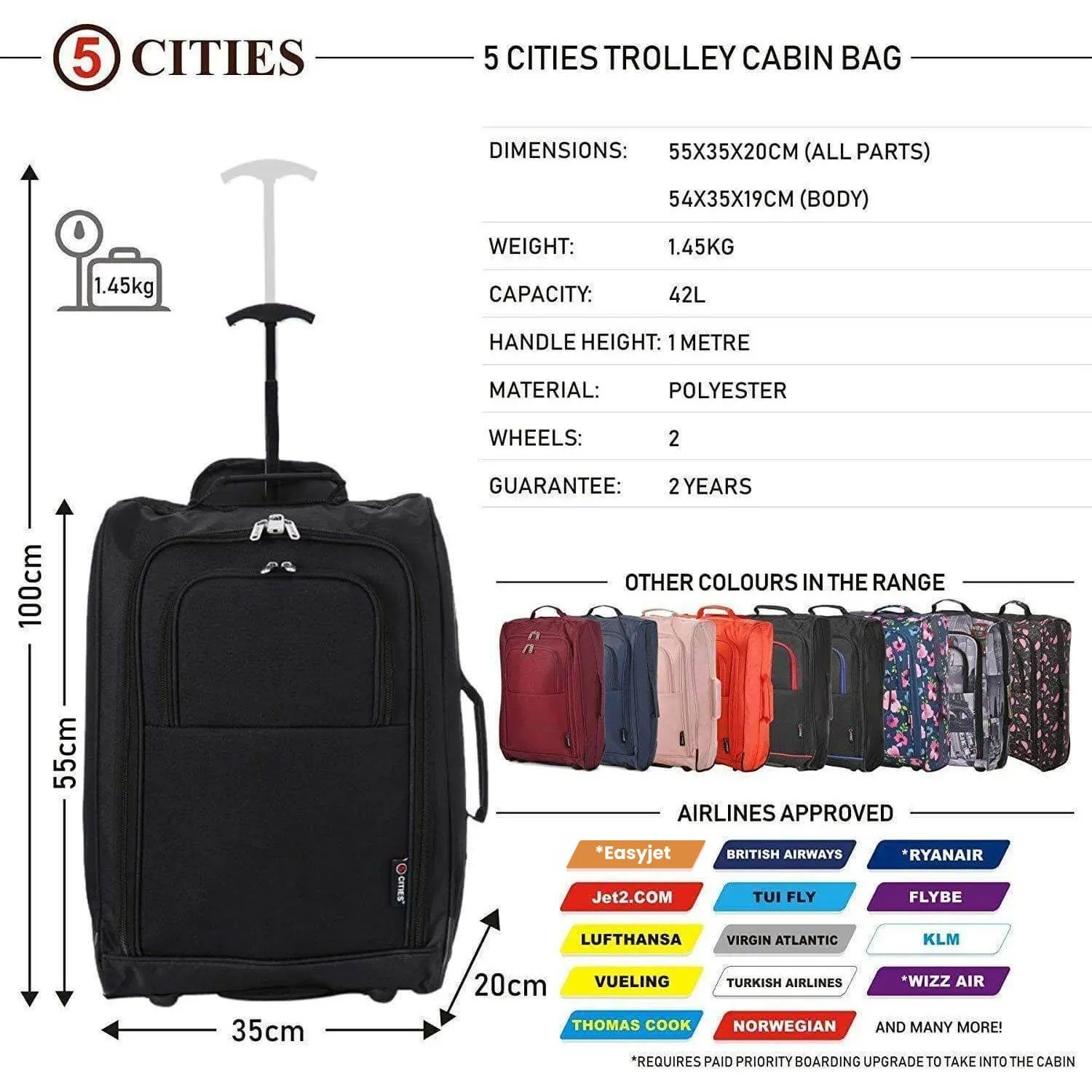 5 Cities (55x35x20cm) Lightweight Cabin Hand Luggage (x2), Approved For Ryanair/easyJet/British Airways and more!