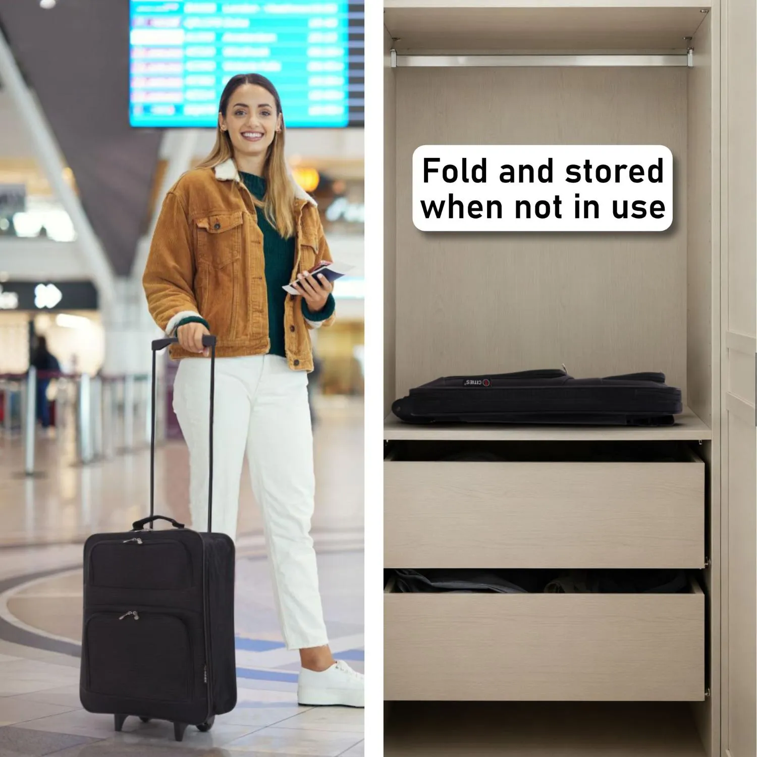 5 Cities Easyjet Ryanair 55x40x20cm Folding Cabin Bag Hand Luggage Carry On Suitcase Black