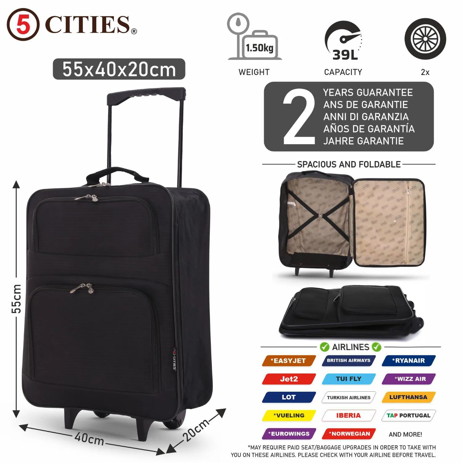 5 Cities Easyjet Ryanair 55x40x20cm Folding Cabin Bag Hand Luggage Carry On Suitcase Black