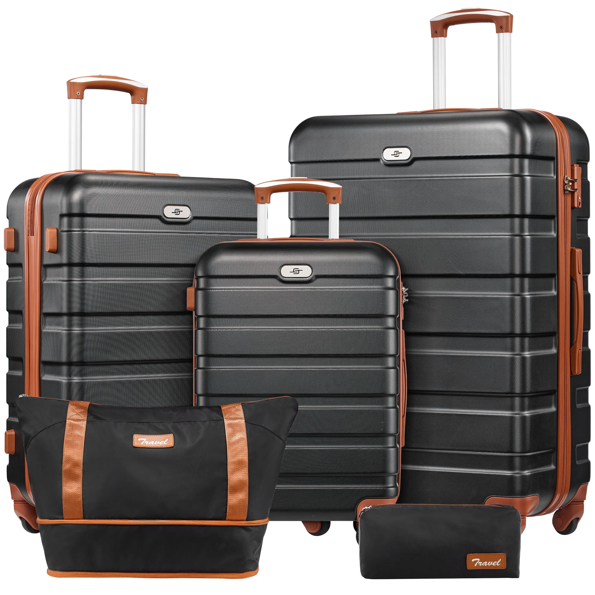 5 pcs travel luggage sets, 20 24 28 inch carry-on and checked luggage, and expandable duffle bags