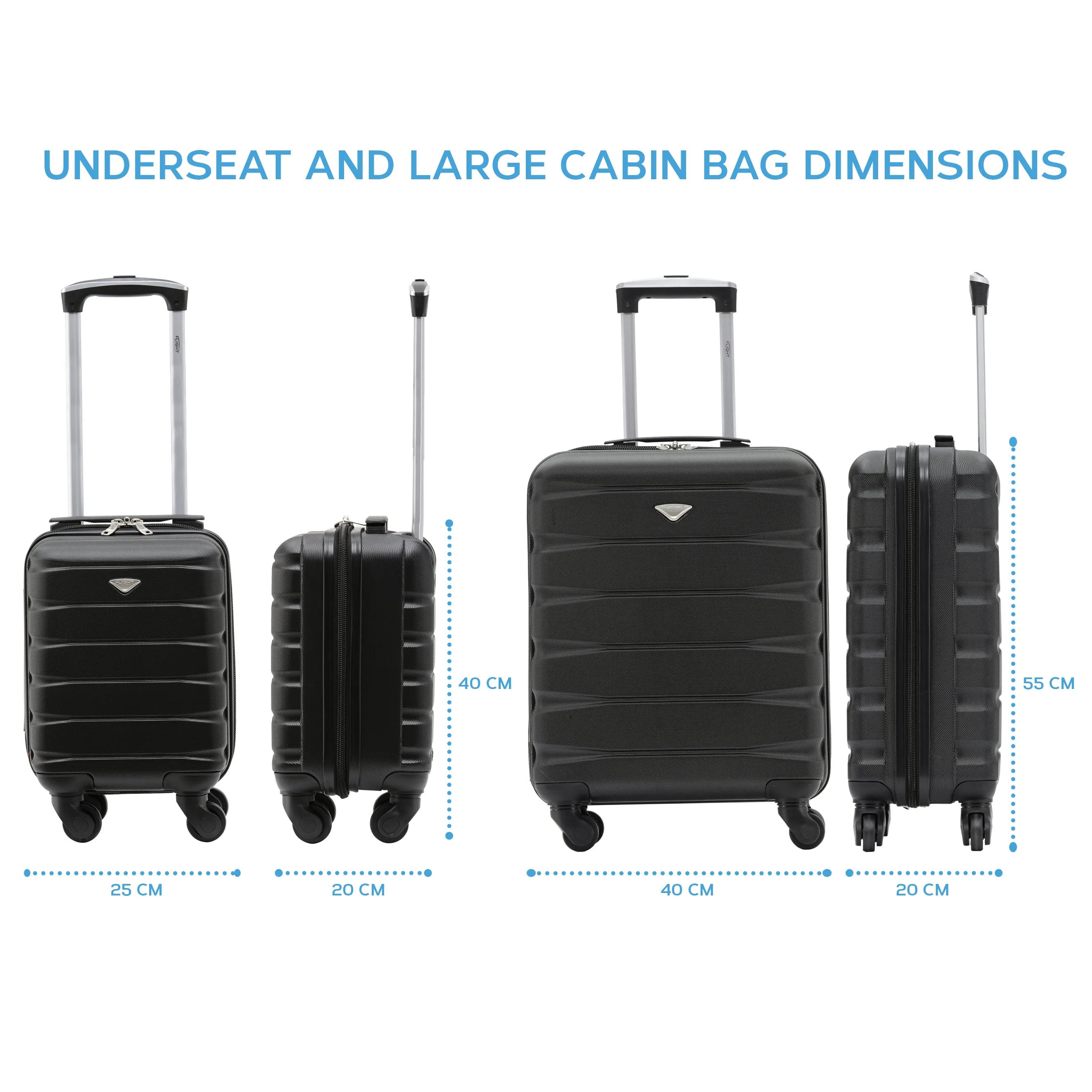 55x40x20cm & 40x20x25cm Set of 2 Lightweight 4 Wheel Hard Case Carry On Hand Luggage - Ryanair Maximum Size for Overhead Cabin & Under Seat Carry-On