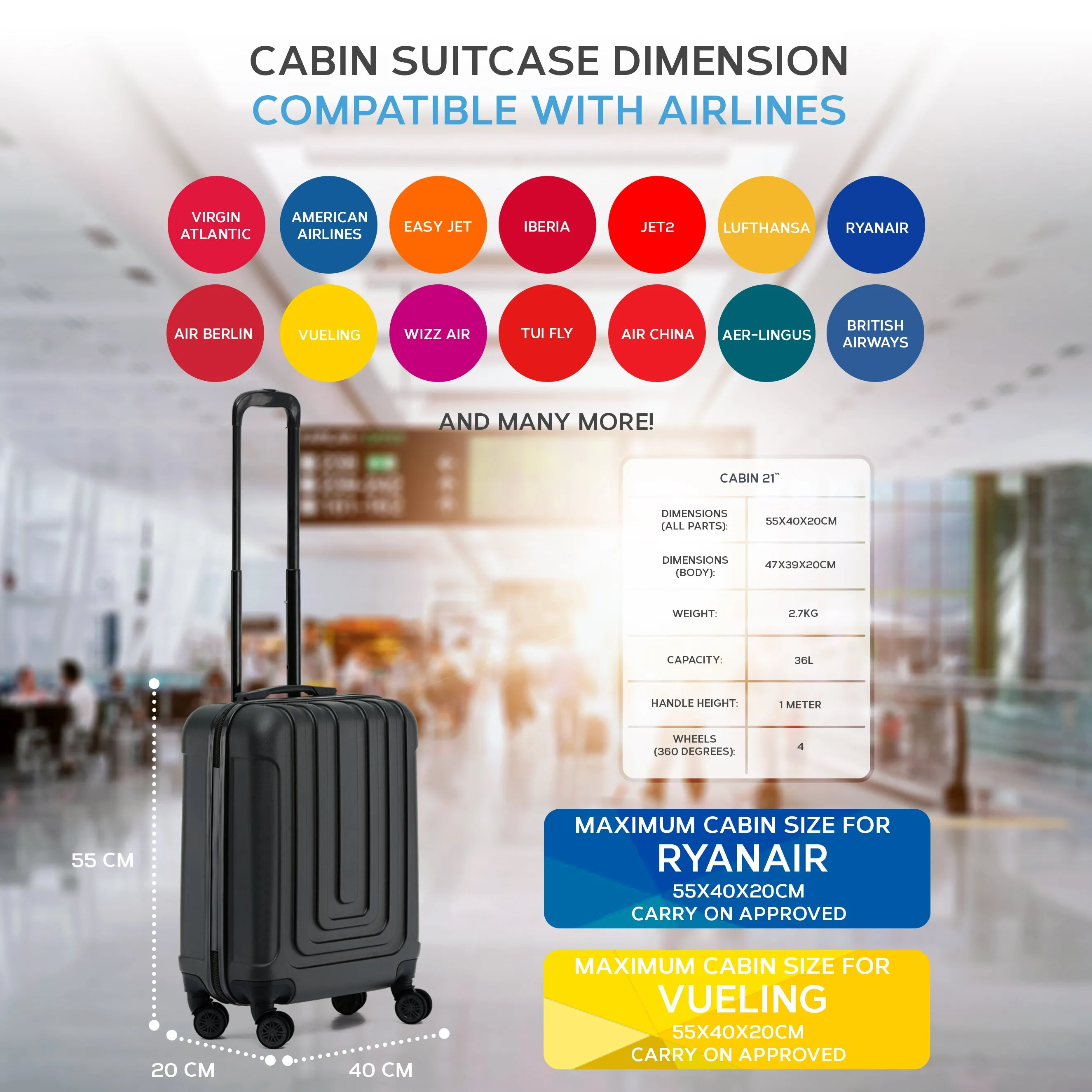 55x40x20cm Premium Hard Shell Lightweight Cabin Suitcase - 8 Spinner Wheels - Built-in TSA Lock & USB Port - Luggage Approved for Over 100 Airlines Including Ryanir (Priority)