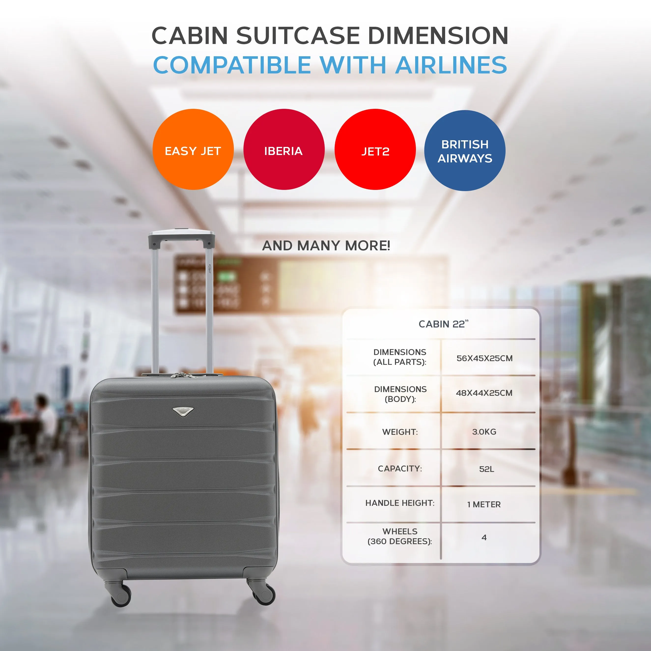 56x45x25cm Maximum Size For easyJet Large Cabin Bag Lightweight 4 Wheel ABS Case