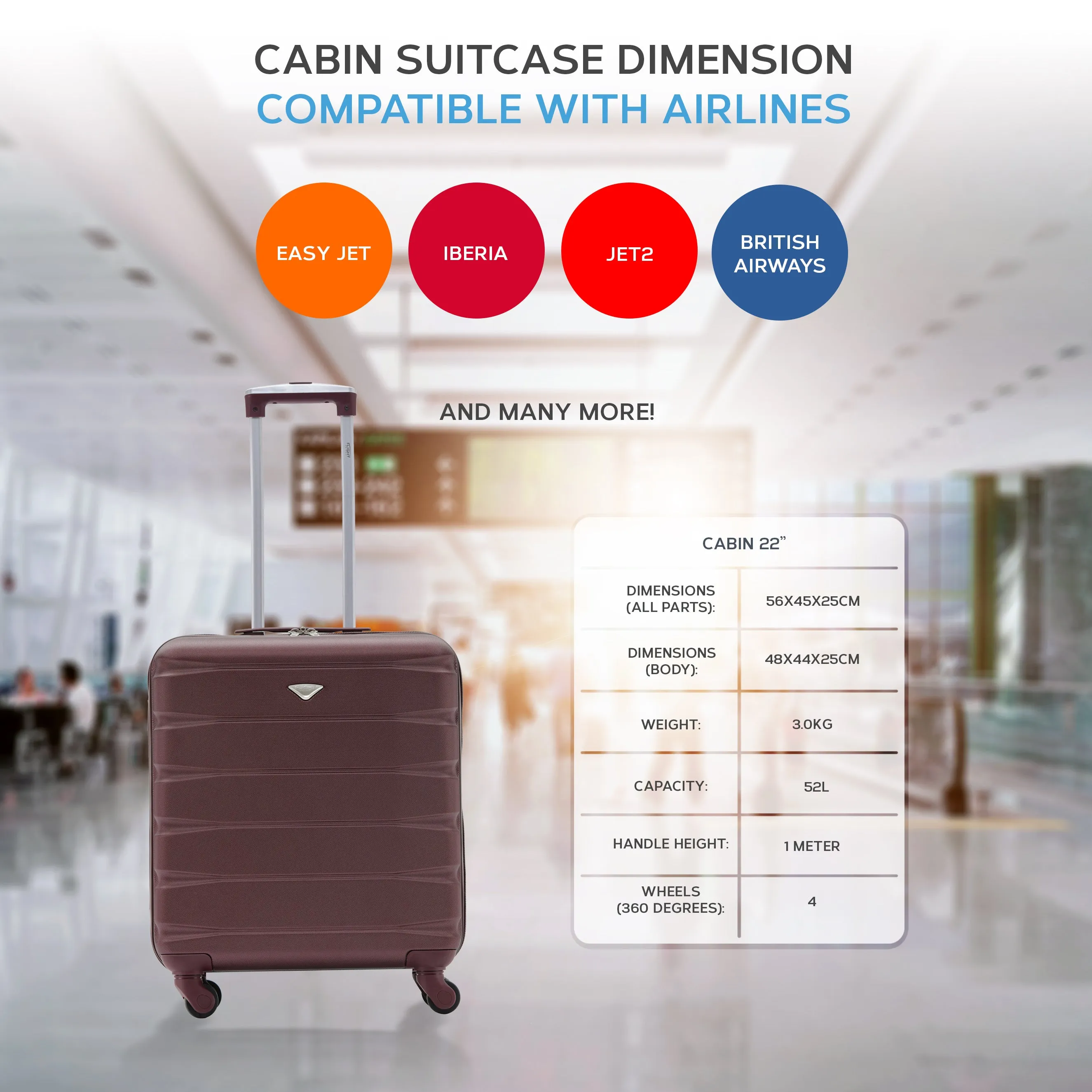 56x45x25cm Maximum Size For easyJet Large Cabin Bag Lightweight 4 Wheel ABS Case