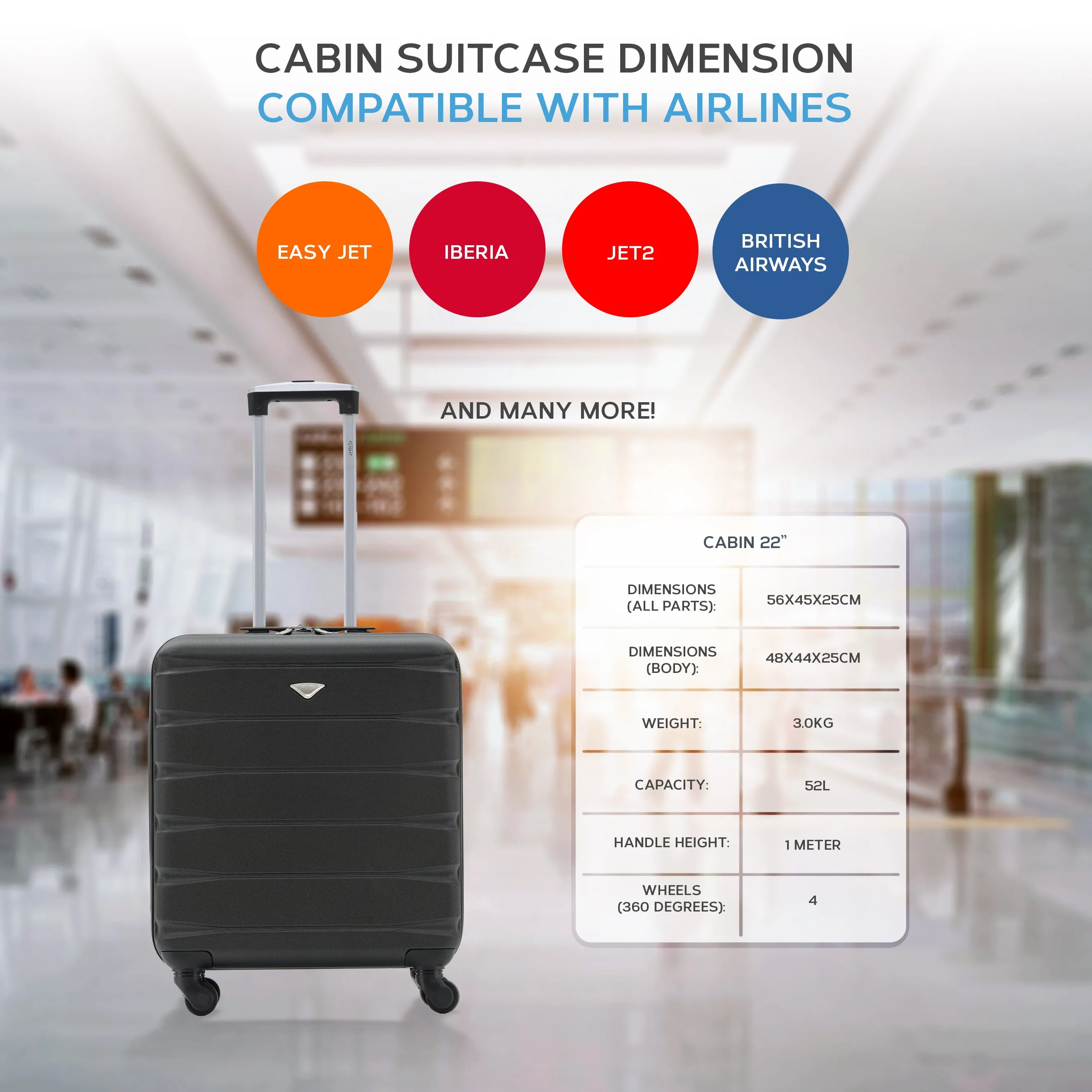 56x45x25cm Maximum Size For easyJet Large Cabin Bag Lightweight 4 Wheel ABS Case