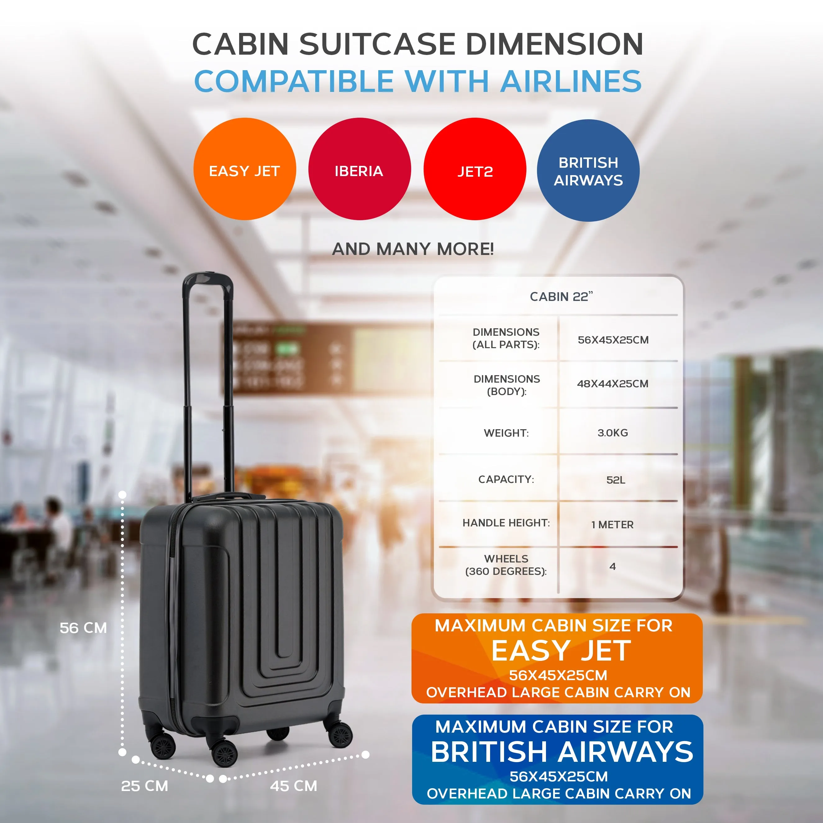 56x45x25cm Premium Hard Shell Lightweight Cabin Suitcase - 8 Spinner Wheels - Built-in TSA Lock & USB Port - Approved for easyJet Large Cabin Carry on