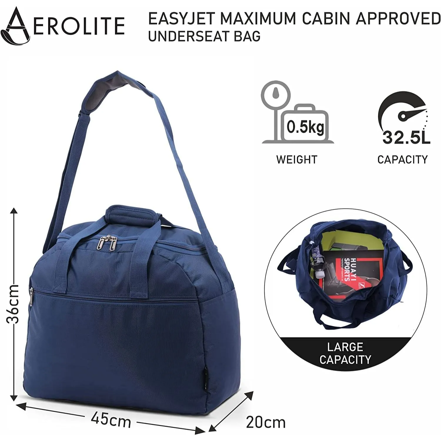 Aerolite (45x36x20cm) New and Improved 2024 Easyjet Maximum Size Holdall Cabin Luggage Under Seat Flight Bag, Black