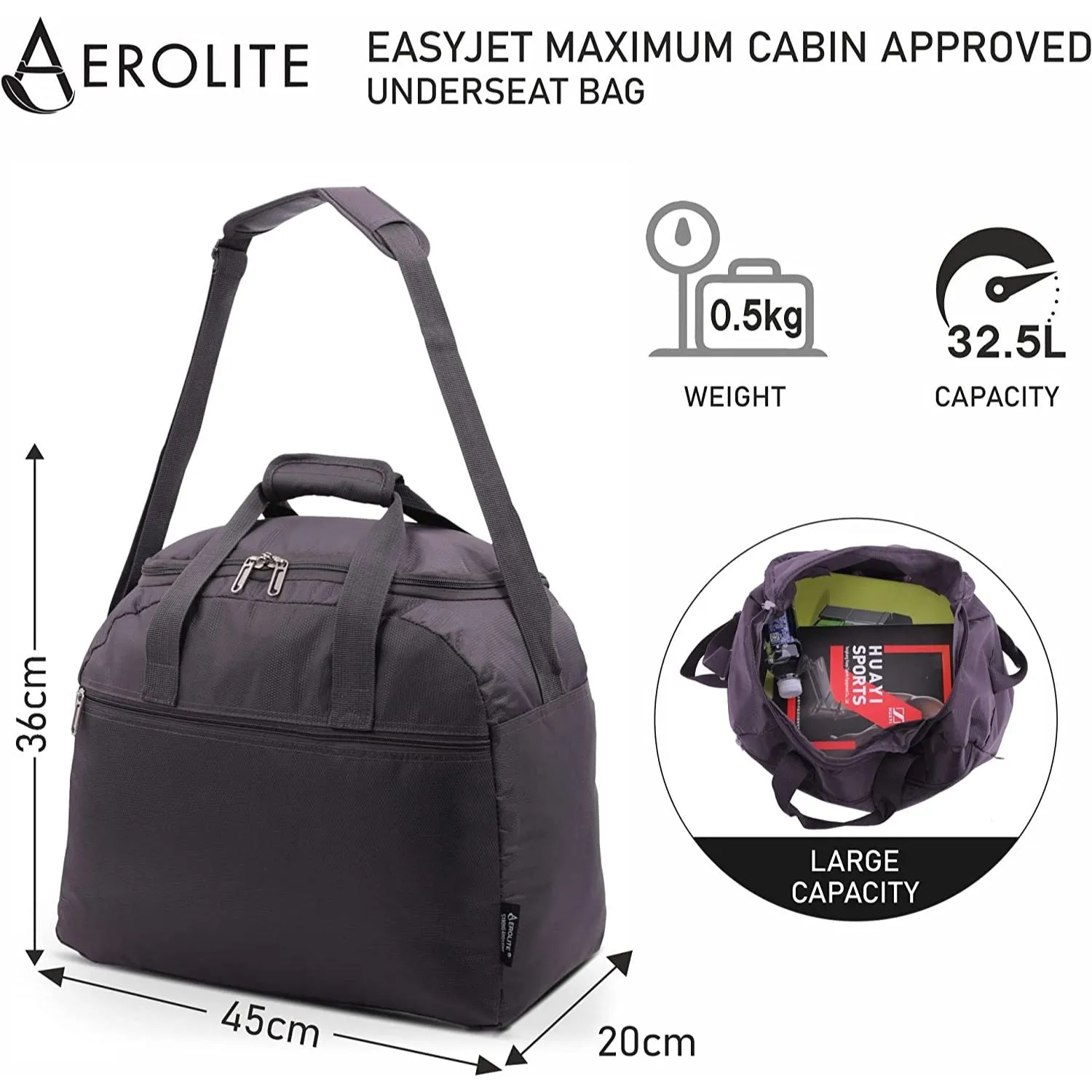 Aerolite (45x36x20cm) New and Improved 2024 Easyjet Maximum Size Holdall Cabin Luggage Under Seat Flight Bag, Black