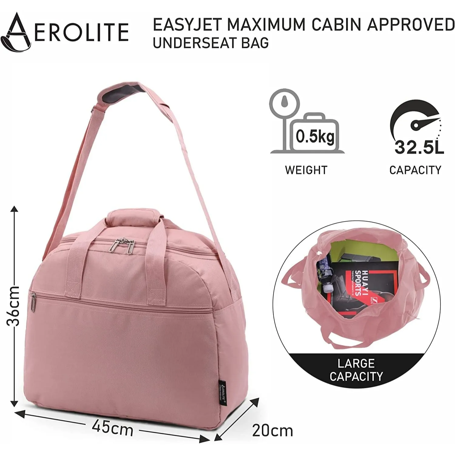 Aerolite (45x36x20cm) New and Improved 2024 Easyjet Maximum Size Holdall Cabin Luggage Under Seat Flight Bag, Black
