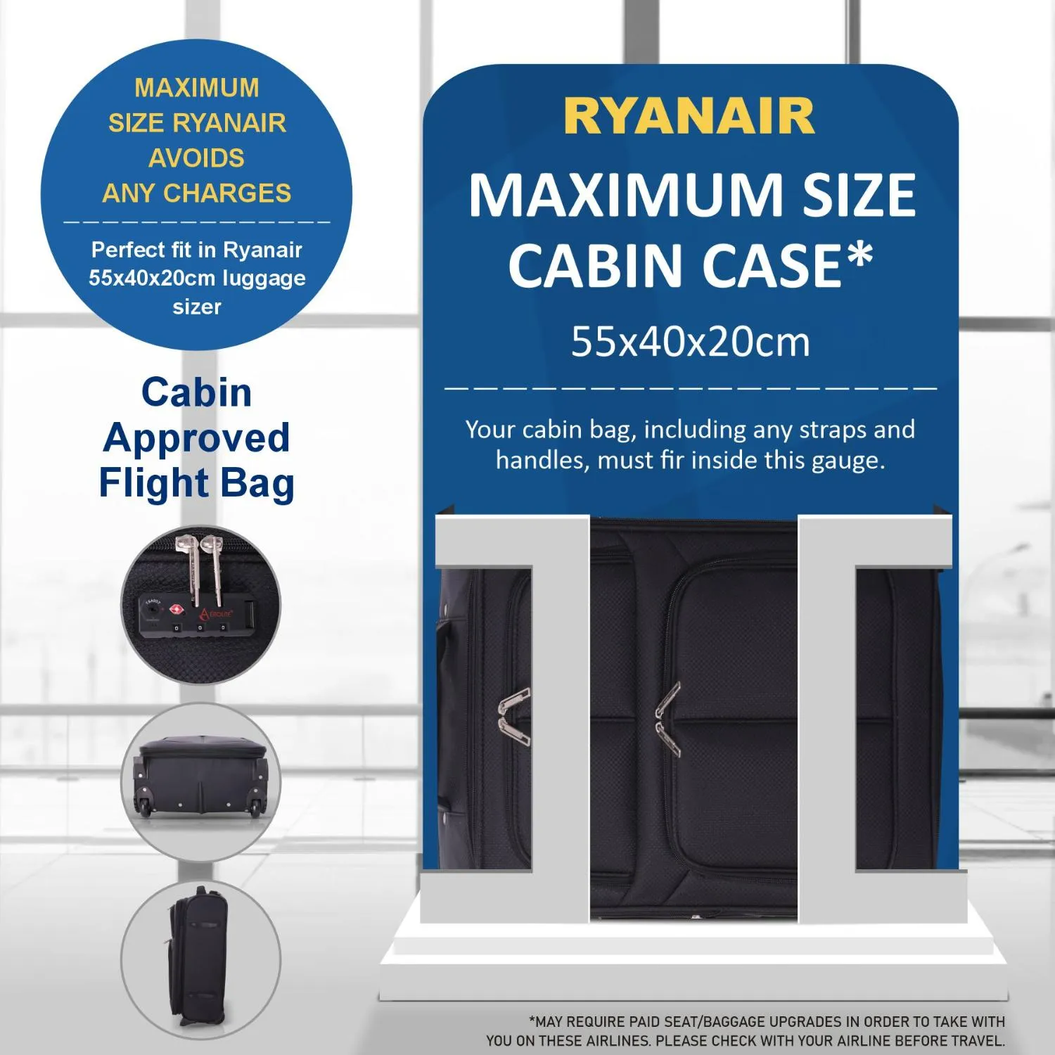 Aerolite (55x40x20cm) Lightweight Cabin Hand Luggage 2 Wheels, Maximum Possible Allowance For Ryanair