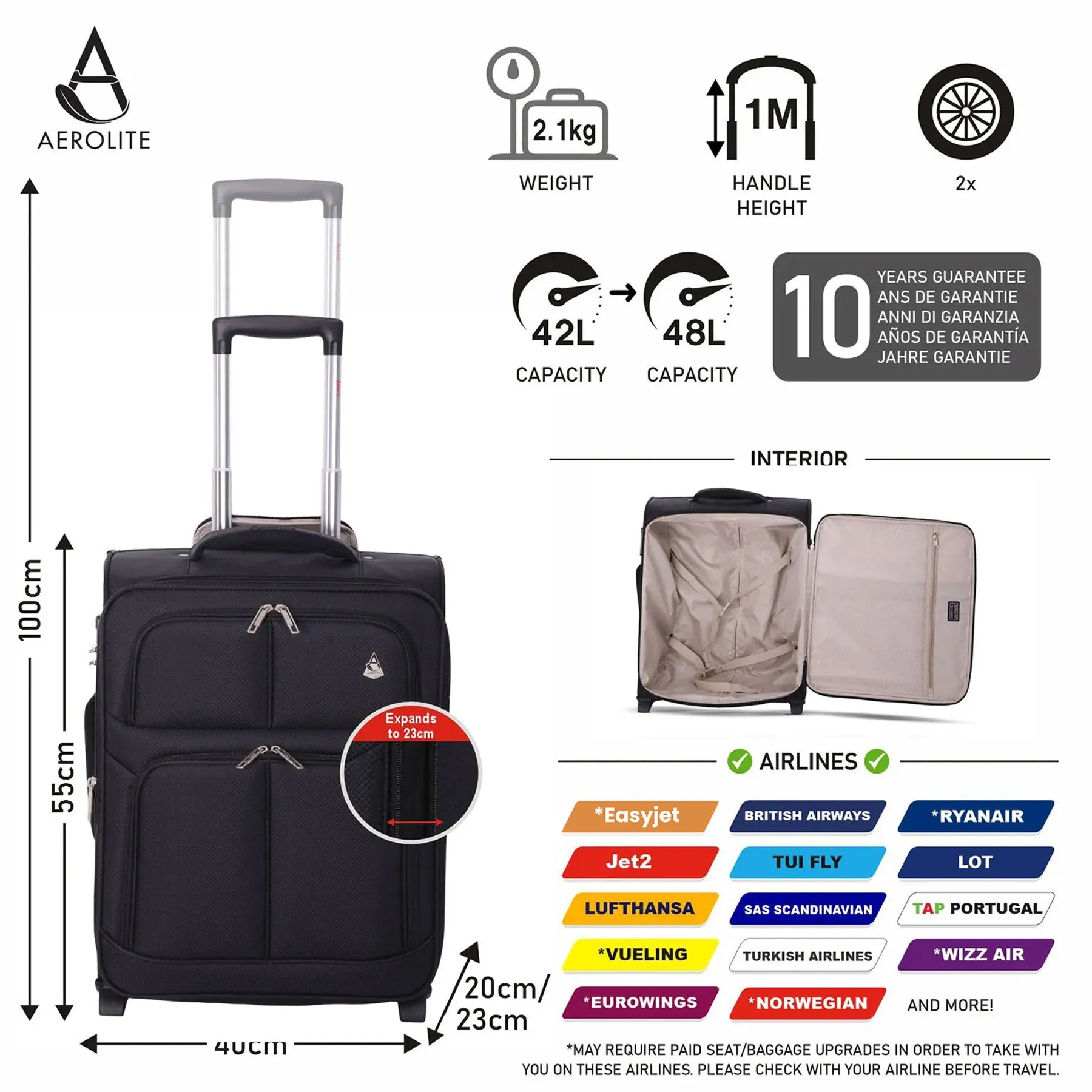 Aerolite (55x40x20cm) Lightweight Cabin Hand Luggage 2 Wheels, Maximum Possible Allowance For Ryanair