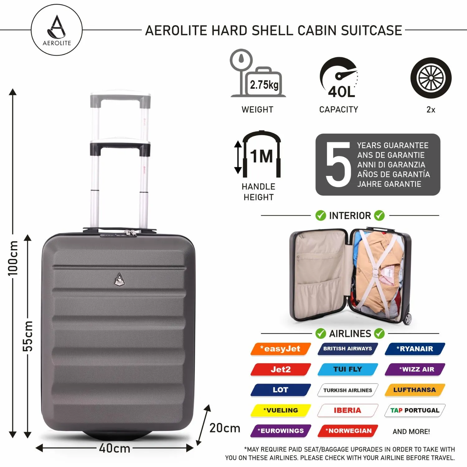 Aerolite (55x40x20cm) Ryanair Maximum Allowance 40L Lightweight Hard Shell Cabin Hand Luggage, Also Approved for easyJet, British Airways, Jet2 and More