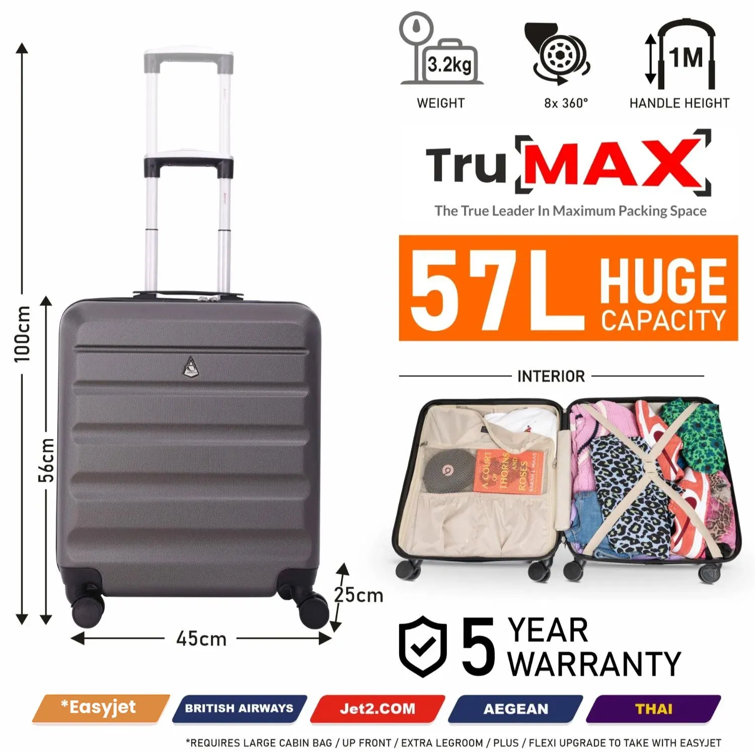 Aerolite (56x45x25cm) Easyjet Maximum Lightweight Hard Shell Cabin Hand Luggage, Maximum Possible Allowance for EasyJet & British Airways