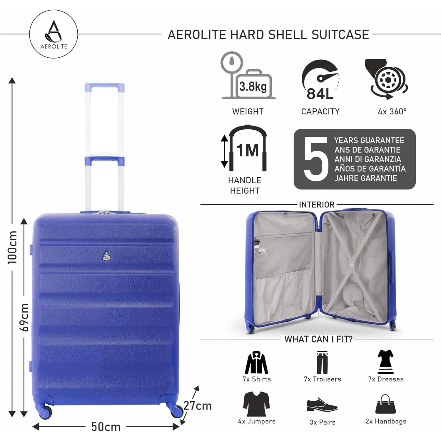 Aerolite Medium 25" Lightweight Hard Shell Luggage Suitcase with 4 Spinner Wheels for 360 Degree Manoeuvrability, 69x50x27cm