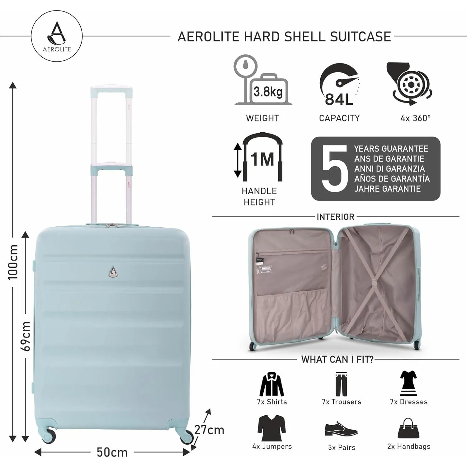 Aerolite Medium 25" Lightweight Hard Shell Luggage Suitcase with 4 Spinner Wheels for 360 Degree Manoeuvrability, 69x50x27cm