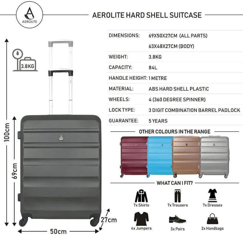 Aerolite Medium 25" Lightweight Hard Shell Luggage Suitcase with 4 Spinner Wheels for 360 Degree Manoeuvrability, 69x50x27cm