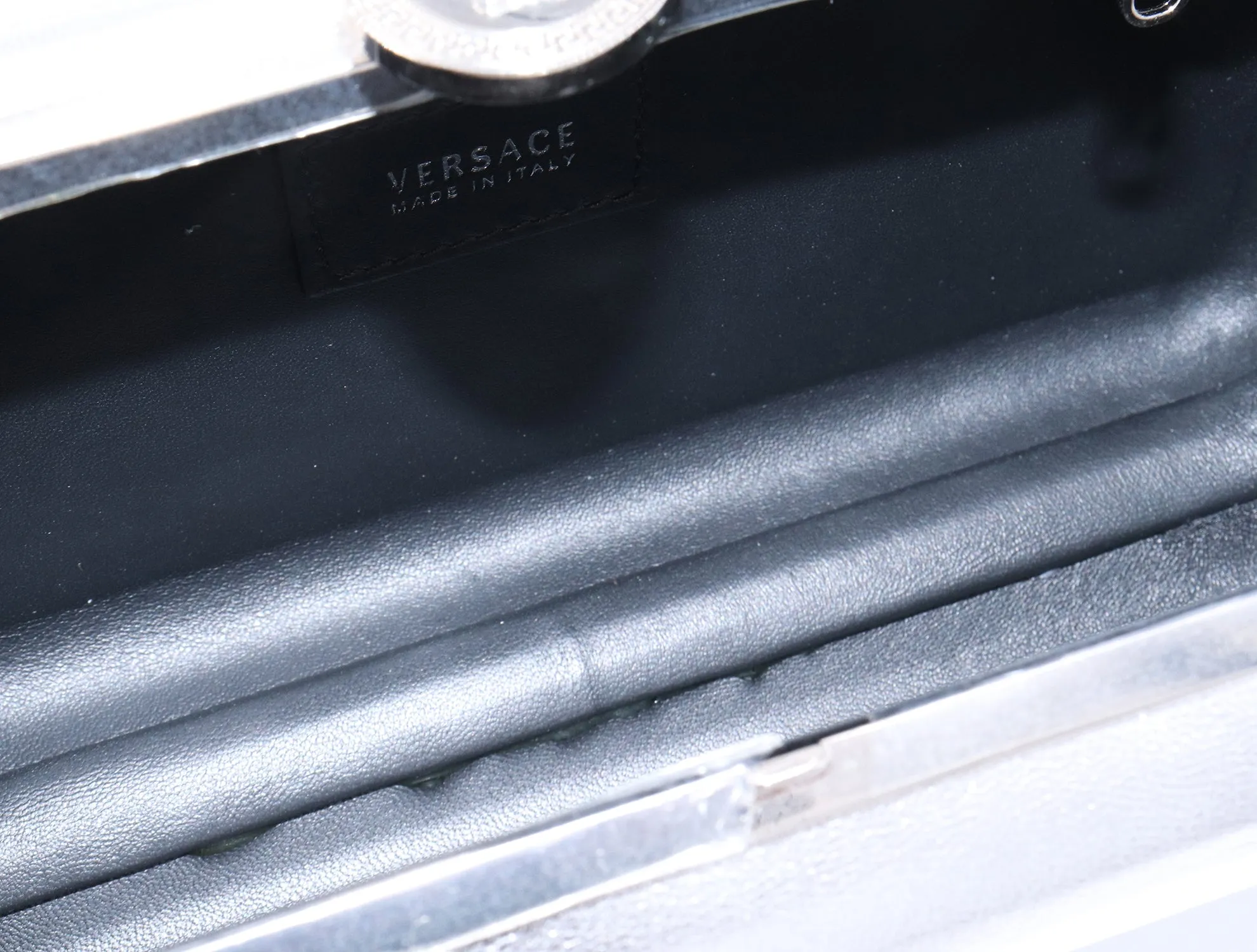 Angelina's Versace Silver Metallic Medusa Coin Box Clutch