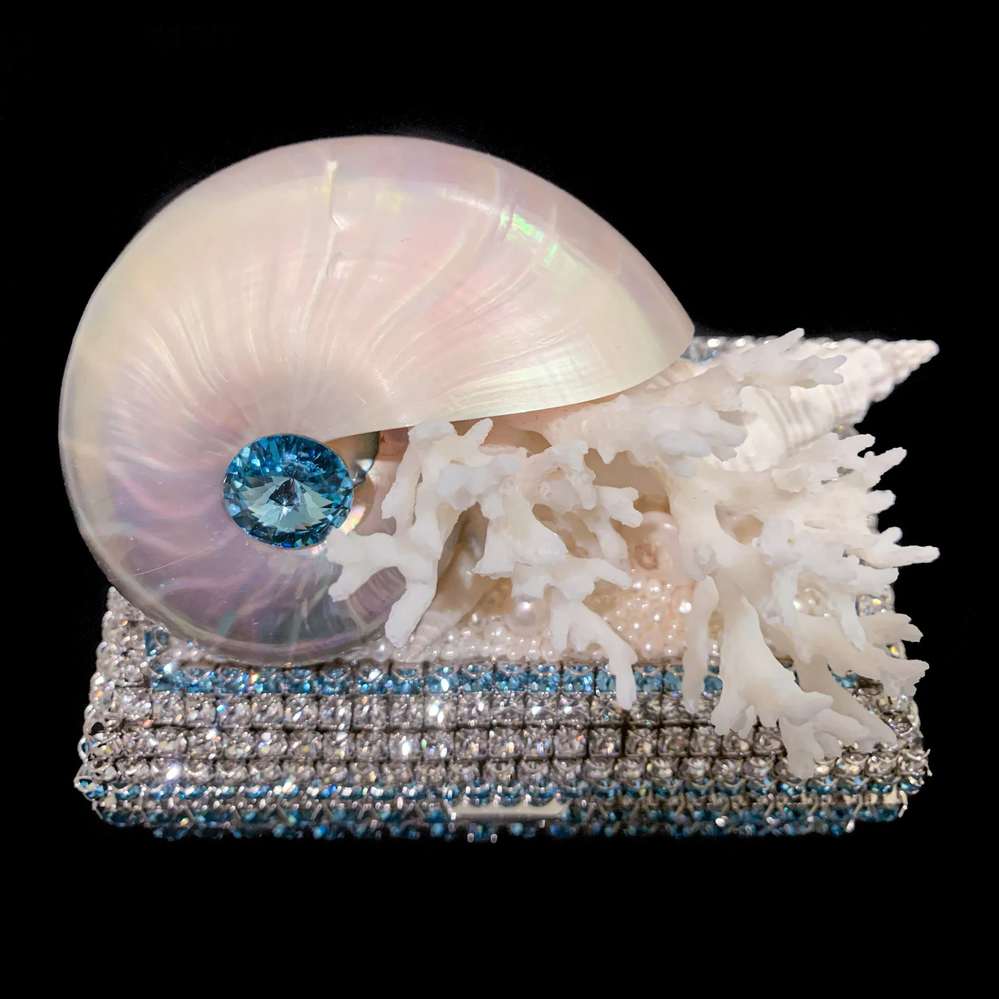 Aquamarine Shell Cluster Keepsake Box Featuring Premium Crystal