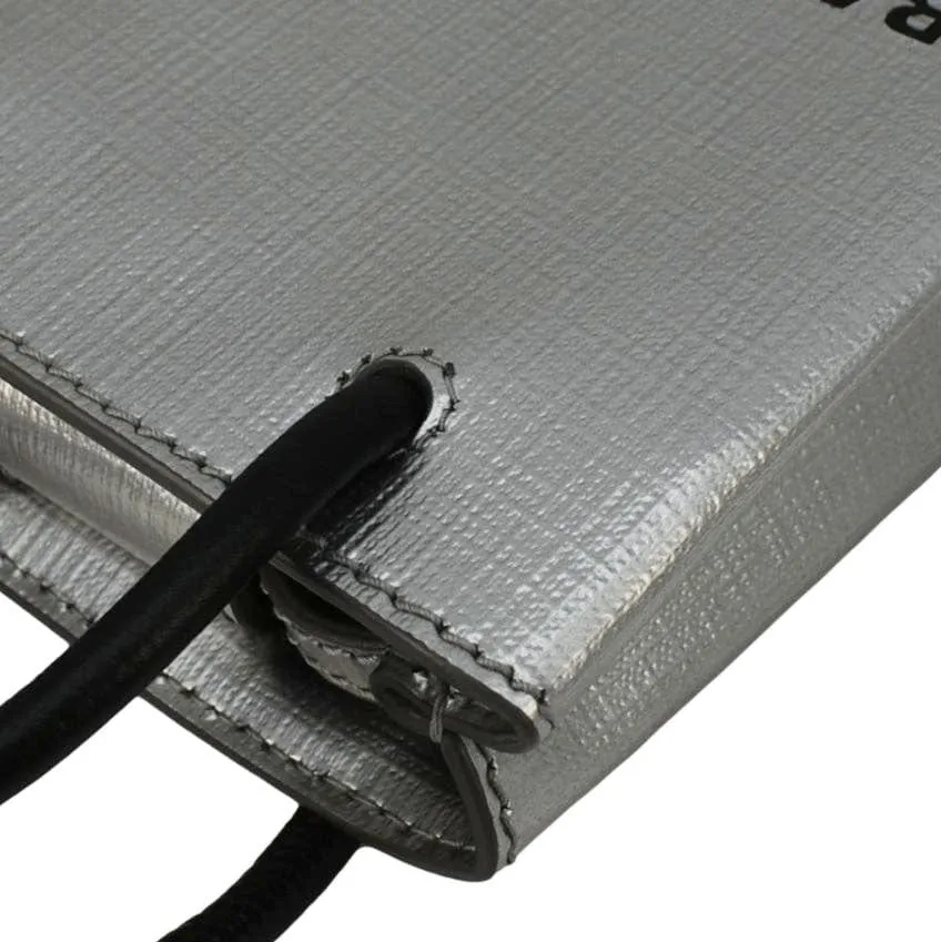 BALENCIAGA Metallic Logo Leather Shopping Phone Holder Silver