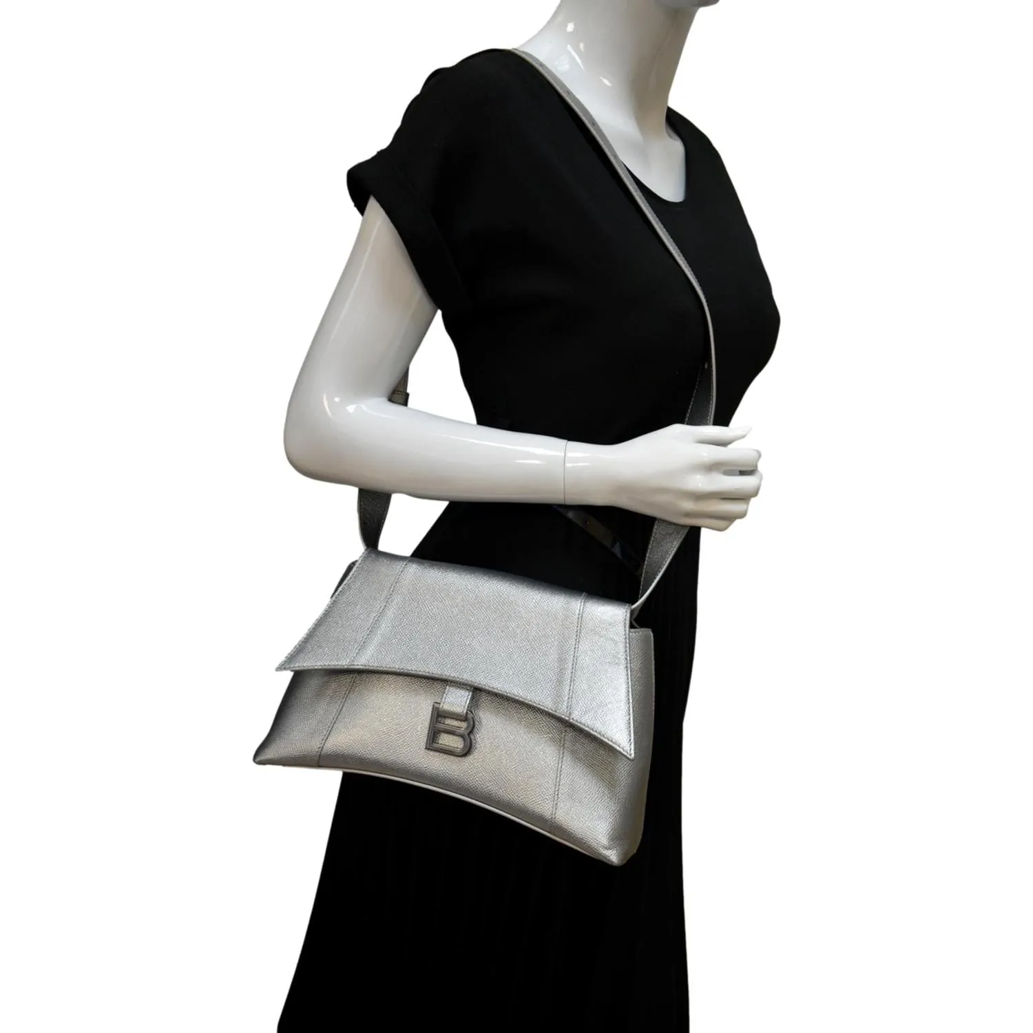 BALENCIAGA Treize Leather Shoulder Bag Metallic Silver