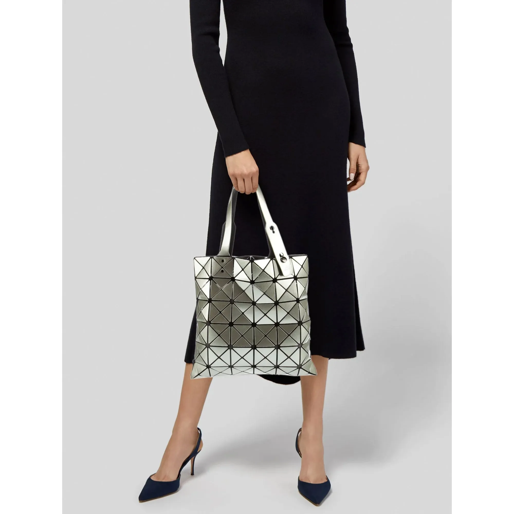 Bao Bao Issey Miyake Platinum Silver Handbag Metallic Rubber Tote Bag NEW