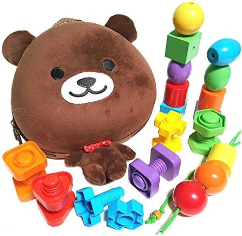 Beginner Baby Backpack Set with Toddler Lacing & Stringing Beads Jumbo Nuts & Bolts Matching & Sorting Early Learning Busy Bag Educational Toy Montessori Fine Motor Skills Occupational Therapy Toys