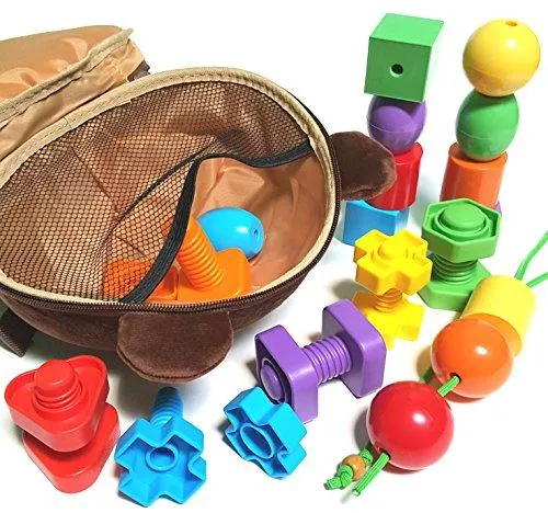 Beginner Baby Backpack Set with Toddler Lacing & Stringing Beads Jumbo Nuts & Bolts Matching & Sorting Early Learning Busy Bag Educational Toy Montessori Fine Motor Skills Occupational Therapy Toys
