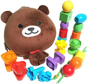 Beginner Baby Backpack Set with Toddler Lacing & Stringing Beads Jumbo Nuts & Bolts Matching & Sorting Early Learning Busy Bag Educational Toy Montessori Fine Motor Skills Occupational Therapy Toys