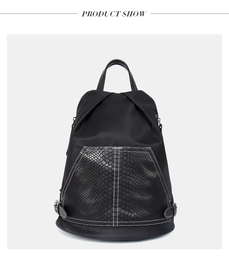 Black Nylon Satchel Backpack Womens Snake Skin Leather School Backpack Bag Nylon Leather Travel Rucksack Bag for Ladies