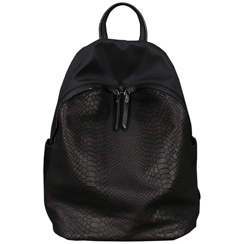 Black Nylon Satchel Backpack Womens Snake Skin Leather School Backpack Bag Nylon Leather Travel Rucksack Bag for Ladies