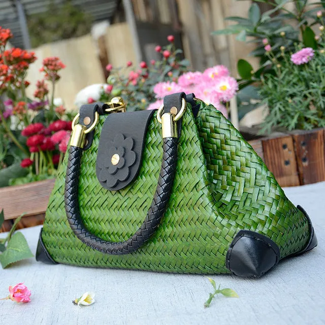 Boho Thailand Women Straw Bags Handmade Beach Bags Ladies Travel Handbags Weave Straw Beach Shoulder Bag Knitting Rattan Bags