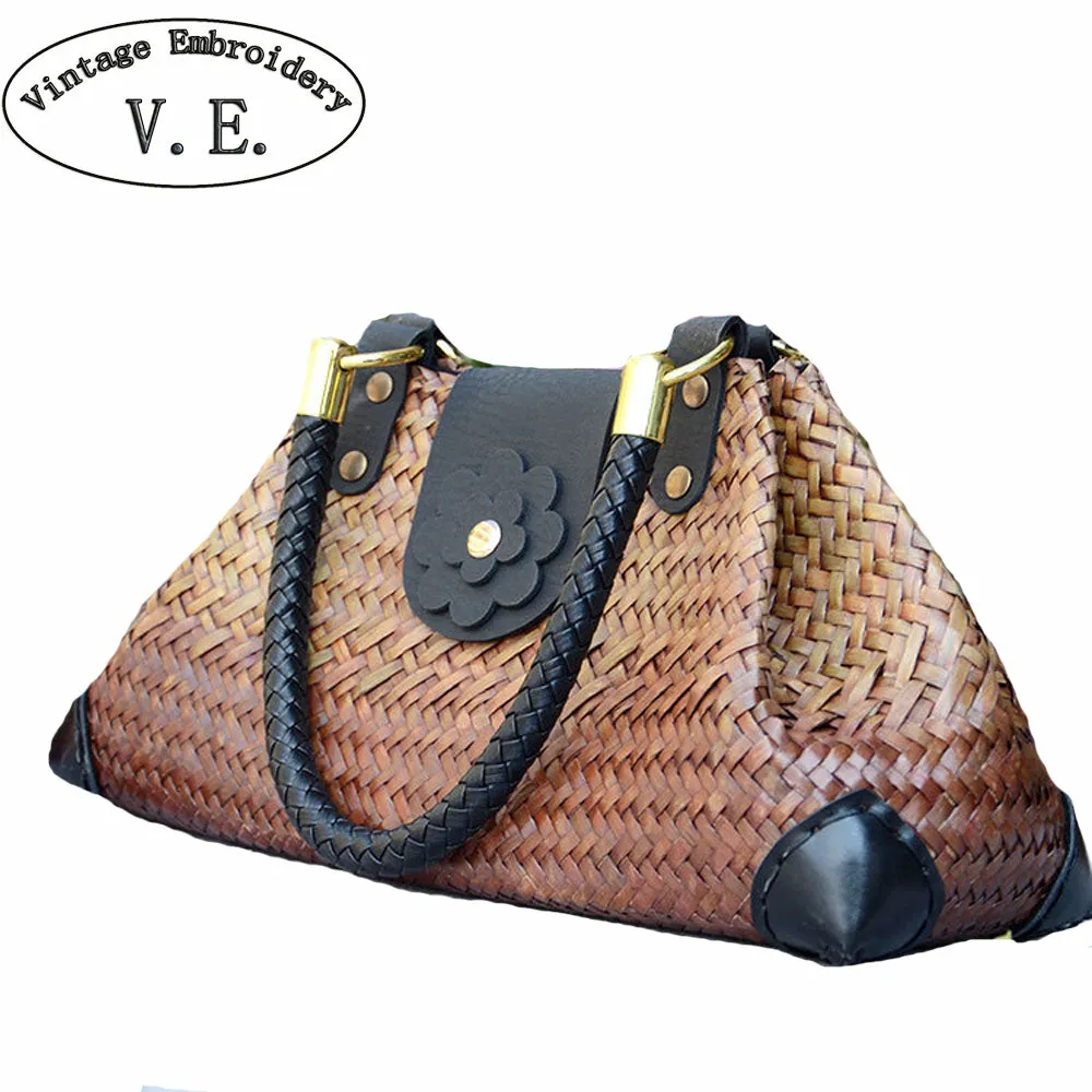 Boho Thailand Women Straw Bags Handmade Beach Bags Ladies Travel Handbags Weave Straw Beach Shoulder Bag Knitting Rattan Bags