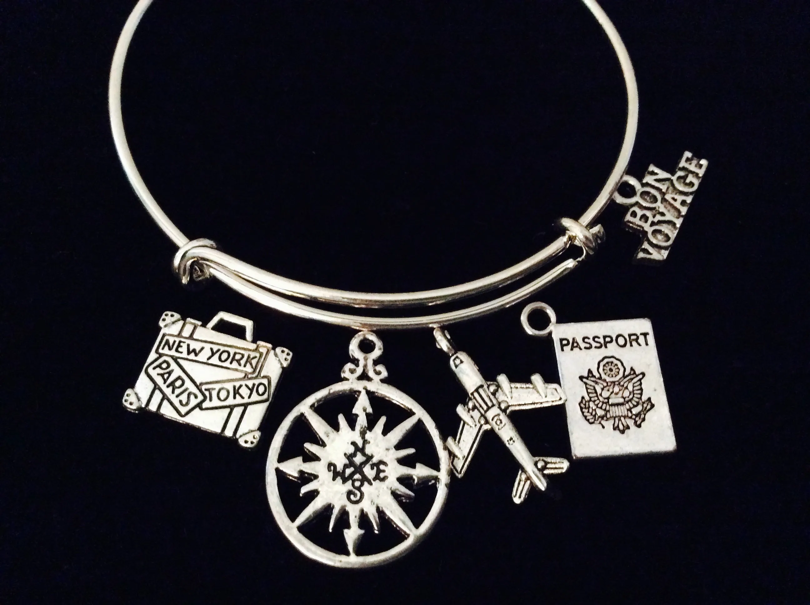 Bon Voyage World Traveler Adjustable Charm Bracelet Expandable Wire Bangle Airplane Stewardess Gift Trendy Travel
