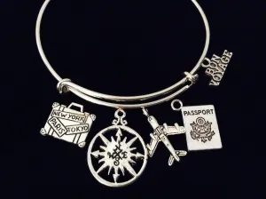 Bon Voyage World Traveler Adjustable Charm Bracelet Expandable Wire Bangle Airplane Stewardess Gift Trendy Travel