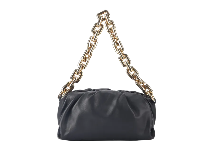 BOTTEGA VENETA THE CHAIN POUCH BLACK CALFSKIN LEATHER GOLD HARDWARE WITH DUST COVER