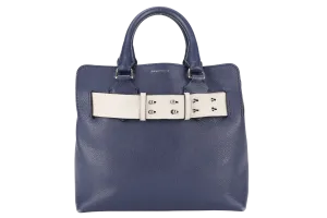 BURBERRY BELT BAG SATCHEL LARGE NAVY BLUE CALF LEATHER SILVER HARDWARE WITH STRAPS AND DUST COVER
